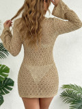 Women's Sexy Long Sleeve See-Through Crochet Beach Cover-Up Dress