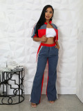 Women's Denim Contrast Color Stand Collar Zip Top & Wide Leg Pants Two-Piece Set
