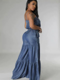 Women's Fashion Denim Elastic Waist Loose Strap Jumpsuit