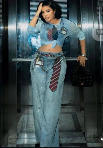 Summer Women's Casual Printed Stretch Mesh Long Sleeve Top & Denim Pants Two-Piece Set