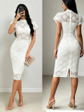 Summer Women's Chic Lace High Waist Slim Fit Short Sleeve Hollow Slit Dress