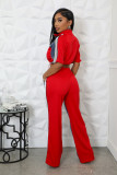 Women's Denim Contrast Color Stand Collar Zip Top & Wide Leg Pants Two-Piece Set