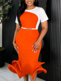 Women's Slim Fit Color Block Patchwork Short Sleeve Belted Mermaid Dress