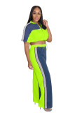 Women's Denim Contrast Color Stand Collar Zip Top & Wide Leg Pants Two-Piece Set