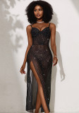 Women's Sexy Sequin See-Through Mesh V-Neck High Slit Strap Maxi Dress