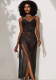 Women's Sexy Sequin See-Through Mesh V-Neck High Slit Strap Maxi Dress
