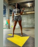 Women's Fashion Houndstooth Short Sleeve Tight Fitting Top & Shorts Set