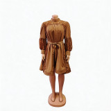 Summer Women's Plus Size Lace Patchwork Long Sleeve Midi Dress