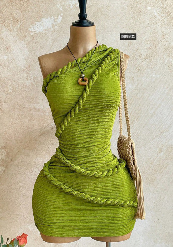 Summer Women's Textured Pleated One-Shoulder Side Lace-Up Bodycon Mini Dress