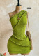 Summer Women's Textured Pleated One-Shoulder Side Lace-Up Bodycon Mini Dress