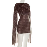 Spring/Summer Women's Polka Dot Print Mesh Cape Sleeve Ruched Bodycon Dress