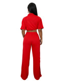Women's Denim Contrast Color Stand Collar Zip Top & Wide Leg Pants Two-Piece Set