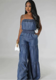 Women's Fashion Denim Elastic Waist Loose Strap Jumpsuit