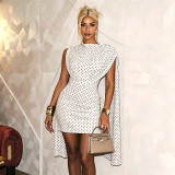 Spring/Summer Women's Polka Dot Print Mesh Cape Sleeve Ruched Bodycon Dress