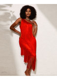 Women's Slash Shoulder Sequin Fringe See-Through Mesh Asymmetrical Midi Dress