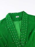 Women's V-Neck Beaded Slim Waist Long Sleeve Blazer & High Waist Straight Leg Pants Two-Piece Set