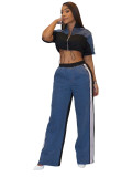 Women's Denim Contrast Color Stand Collar Zip Top & Wide Leg Pants Two-Piece Set