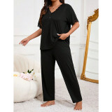 Women's Plus Size Casual V-Neck Lace Trim Button Pajama Set