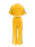 Women's Denim Contrast Color Stand Collar Zip Top & Wide Leg Pants Two-Piece Set
