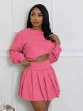Women's Casual Long Sleeve Pullover Top & Ruched Mini Skirt Two-Piece Set