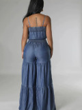 Women's Fashion Denim Elastic Waist Loose Strap Jumpsuit