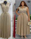 Summer Women's Plus Size Sleeveless Shirt Dress with Embossed Pleated Slim Waist Flared Dress