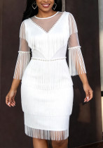 Women's Sexy White See-Through Beaded Fringe V-Neck Formal Party Dress Women's Sexy White See-Through Beaded Fringe V-Neck Formal Party Dress