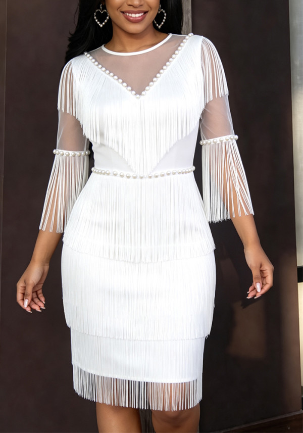 Women's Sexy White See-Through Beaded Fringe V-Neck Formal Party Dress