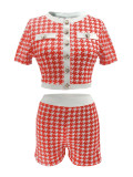 Women's Fashion Houndstooth Short Sleeve Tight Fitting Top & Shorts Set