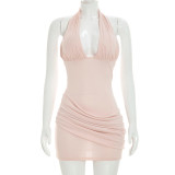 Summer Women's Halter Neck Lace-Up Low Back Patchwork Ruched Bodycon Dress