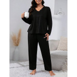 Autumn Women's Plus Size Lace Patchwork V-Neck Long Sleeve Pajama Lounge Set