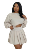 Women's Casual Long Sleeve Pullover Top & Ruched Mini Skirt Two-Piece Set
