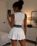 Summer Women's Turndown Collar Zip Tight Fitting Top & Pleated Skort Two-Piece Set