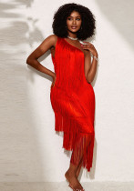Women's Slash Shoulder Sequin Fringe See-Through Mesh Asymmetrical Midi Dress Women's Slash Shoulder Sequin Fringe See-Through Mesh Asymmetrical Midi Dress