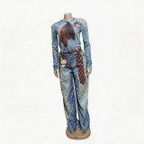 Summer Women's Casual Printed Stretch Mesh Long Sleeve Top & Denim Pants Two-Piece Set