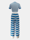 Women's Striped Round Neck Cropped T-Shirt & High Waist Wide Leg Pants Two-Piece Set