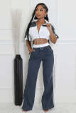 Women's Denim Contrast Color Stand Collar Zip Top & Wide Leg Pants Two-Piece Set