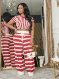 Women's Striped Round Neck Cropped T-Shirt & High Waist Wide Leg Pants Two-Piece Set