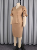 Summer Women's Khaki Short Sleeve Bodycon Career Dress with Ruffle Trim & Decorative Buttons