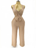 Summer Women's Knot Halter Neck Low Back Top & Pocket Wide Leg Pants Set