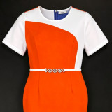 Women's Slim Fit Color Block Patchwork Short Sleeve Belted Mermaid Dress