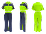 Women's Denim Contrast Color Stand Collar Zip Top & Wide Leg Pants Two-Piece Set