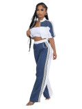 Women's Denim Contrast Color Stand Collar Zip Top & Wide Leg Pants Two-Piece Set