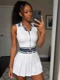 Summer Women's Turndown Collar Zip Tight Fitting Top & Pleated Skort Two-Piece Set