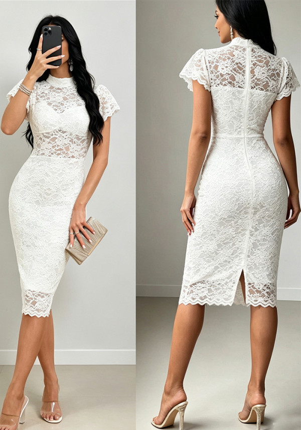 Summer Women's Chic Lace High Waist Slim Fit Short Sleeve Hollow Slit Dress