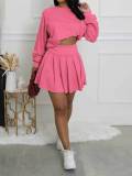 Women's Casual Long Sleeve Pullover Top & Ruched Mini Skirt Two-Piece Set