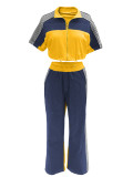 Women's Denim Contrast Color Stand Collar Zip Top & Wide Leg Pants Two-Piece Set