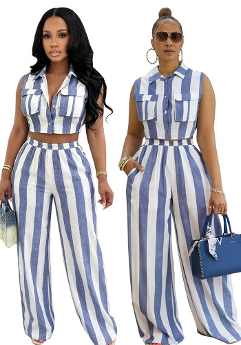 Women's Career Color Block Striped Tank Top Sleeveless Turndown Collar Shirt & High Waist Wide Leg Pants Two-Piece Set