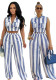 Women's Career Color Block Striped Tank Top Sleeveless Turndown Collar Shirt & High Waist Wide Leg Pants Two-Piece Set