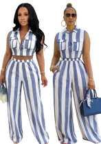Women's Career Color Block Striped Tank Top Sleeveless Turndown Collar Shirt & High Waist Wide Leg Pants Two-Piece Set Women's Career Color Block Striped Tank Top Sleeveless Turndown Collar Shirt & High Waist Wide Leg Pants Two-Piece Set